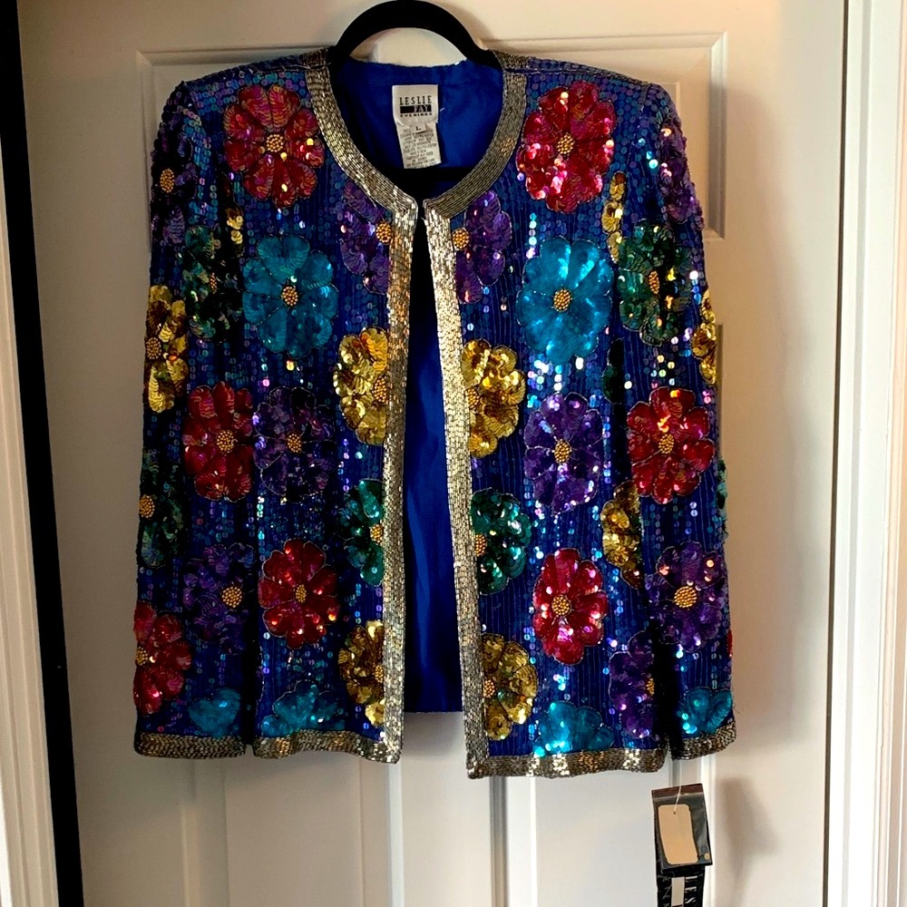 Leslie Fay Blue and Purple Blazer Artistic Floral Design